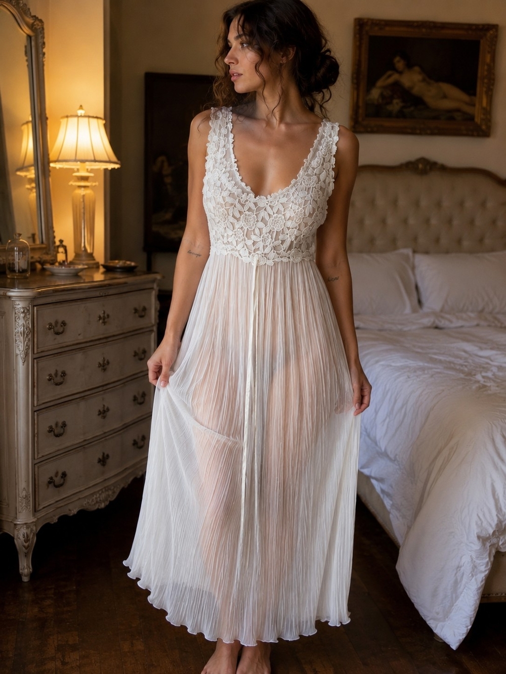 Vintage Flora Nikrooz Lace Bodice Sheer Pleated Nightgown - Ivory
